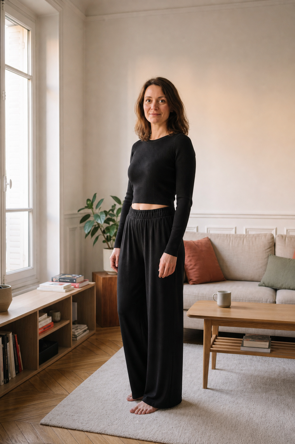 Femme portant l'ensemble noir à pantalon large dans un salon français