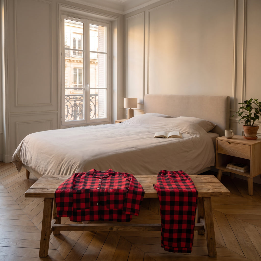 Chemise et pantalon du pyjama femme à carreaux rouges et noirs posés dans une chambre