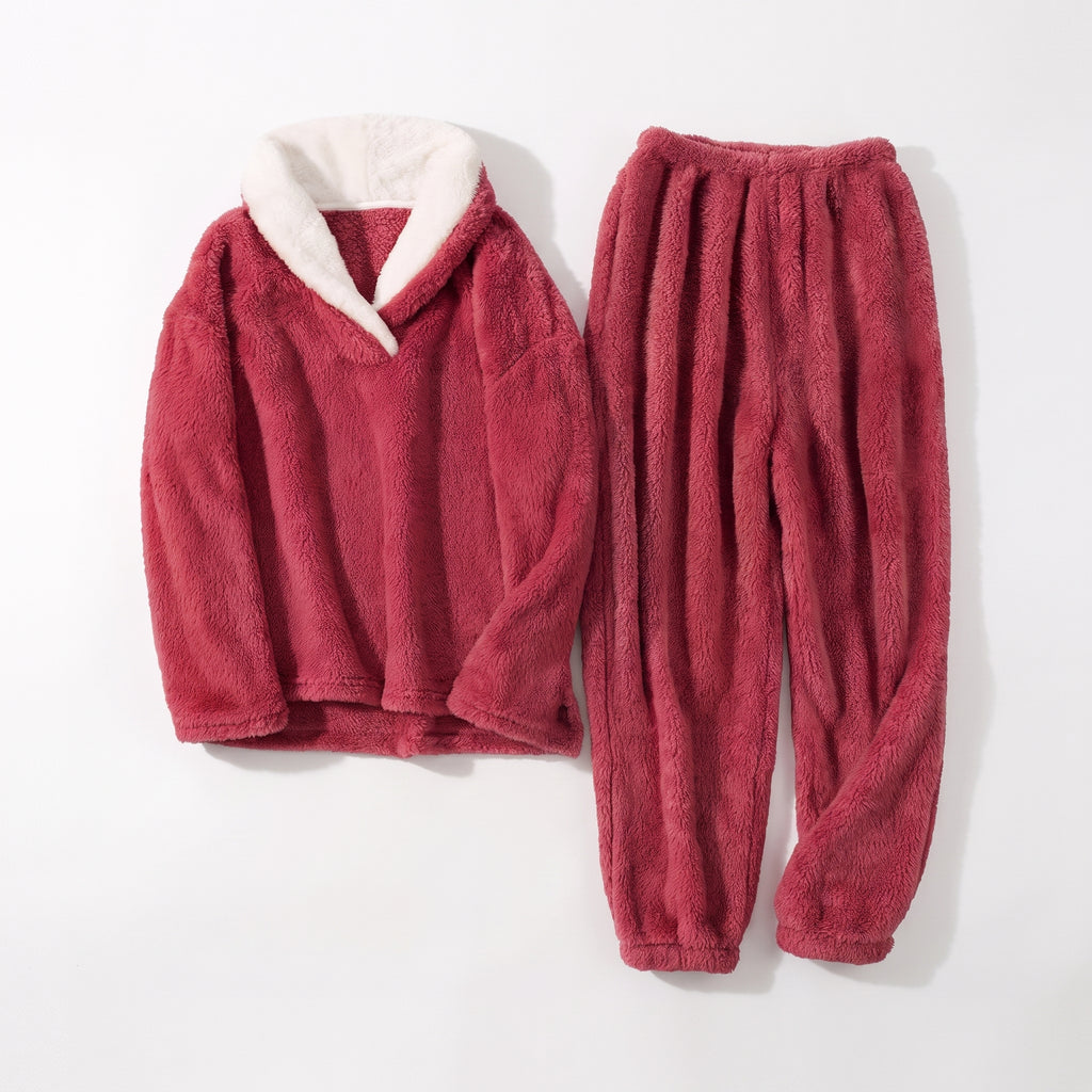 Ensemble pyjama femme rouge avec haut et pantalon en flanelle pelucheuse