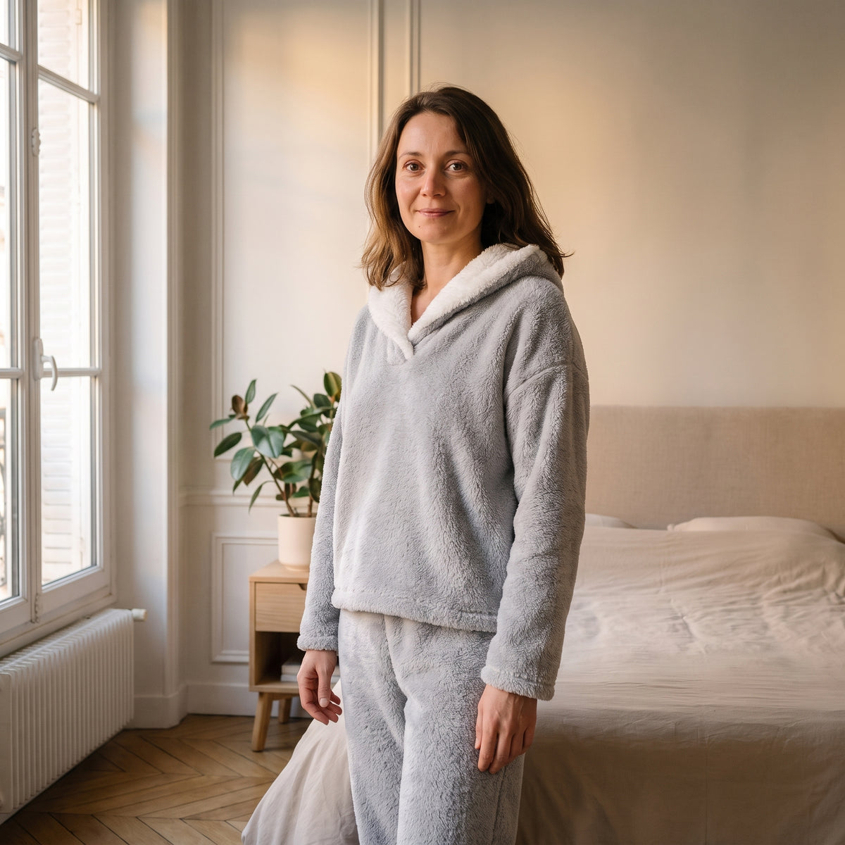 Femme portant le pyjama chaud gris à col châle écru dans une chambre lumineuse