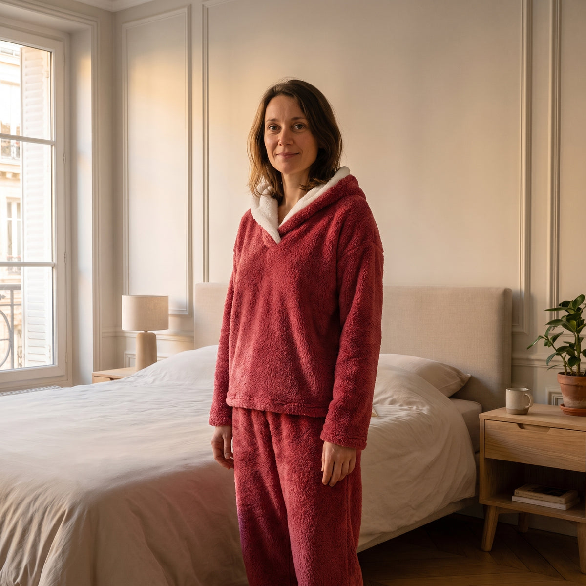 Femme portant le pyjama chaud rouge à col châle écru dans une chambre lumineuse