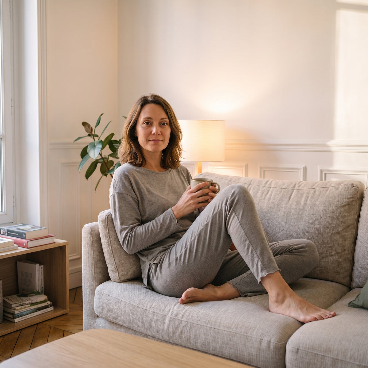 Femme assise au creux du canapé en pyjama modal gris taupe, une tasse entre les mains, lampe allumée. Image