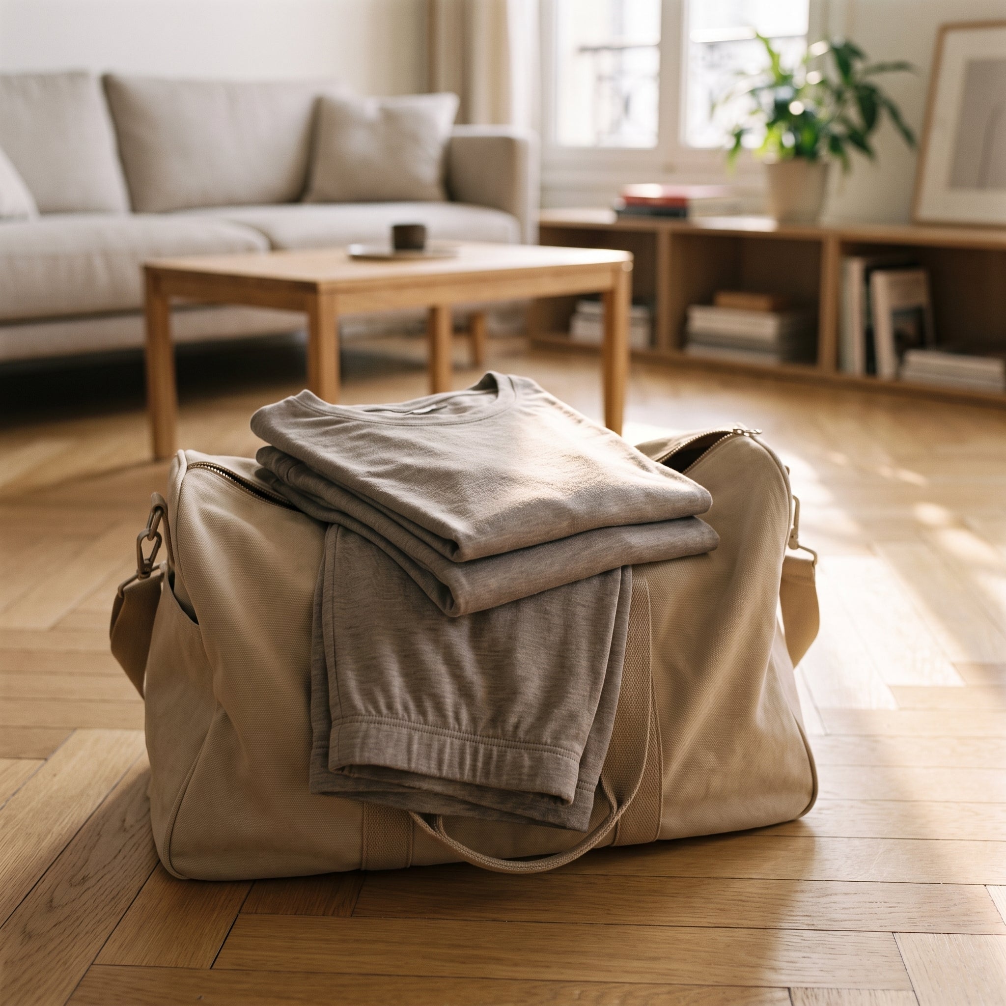 Ensemble pyjama en modal gris taupe plié sur un sac de voyage en toile ouvert, posé sur le parquet du salon. Image