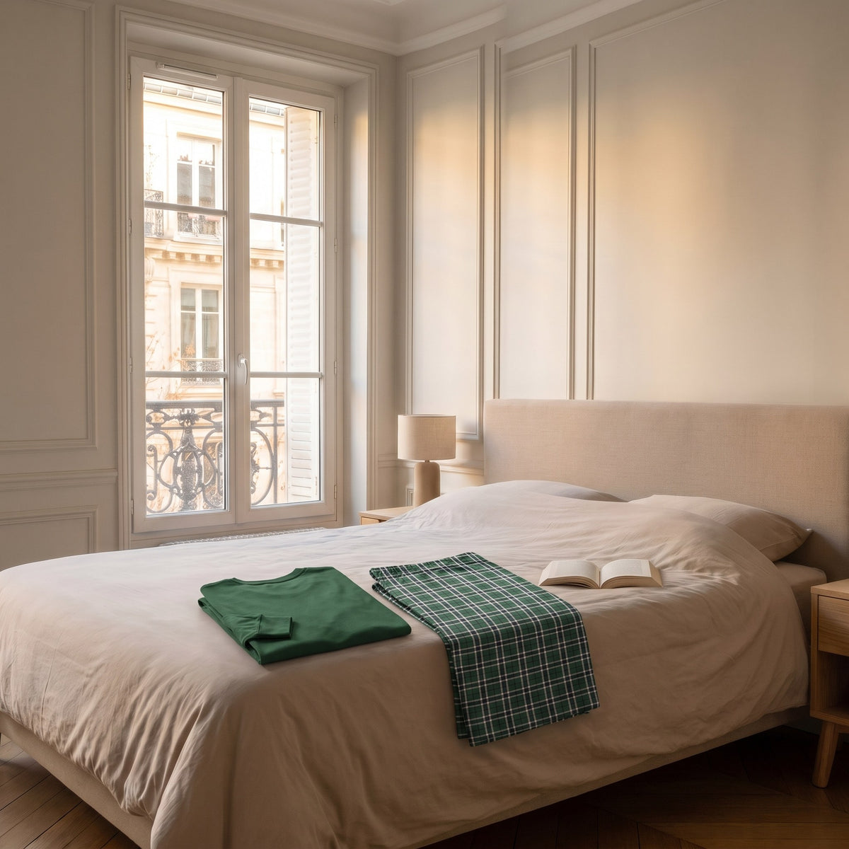 Ensemble pyjama plié sur le lit d'une chambre, haut uni et pantalon à carreaux