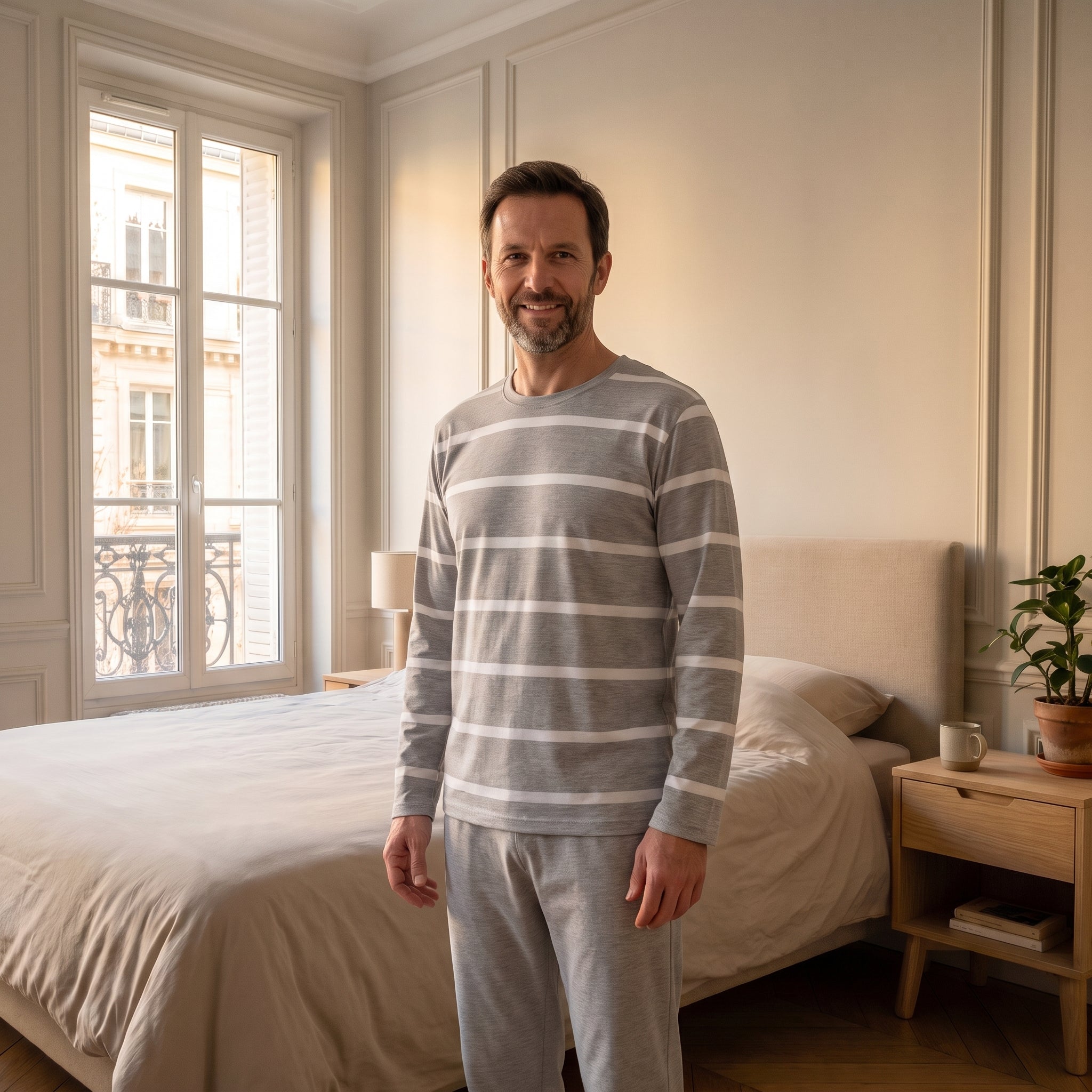 Pyjama homme gris à haut rayé porté dans une chambre lumineuse Image