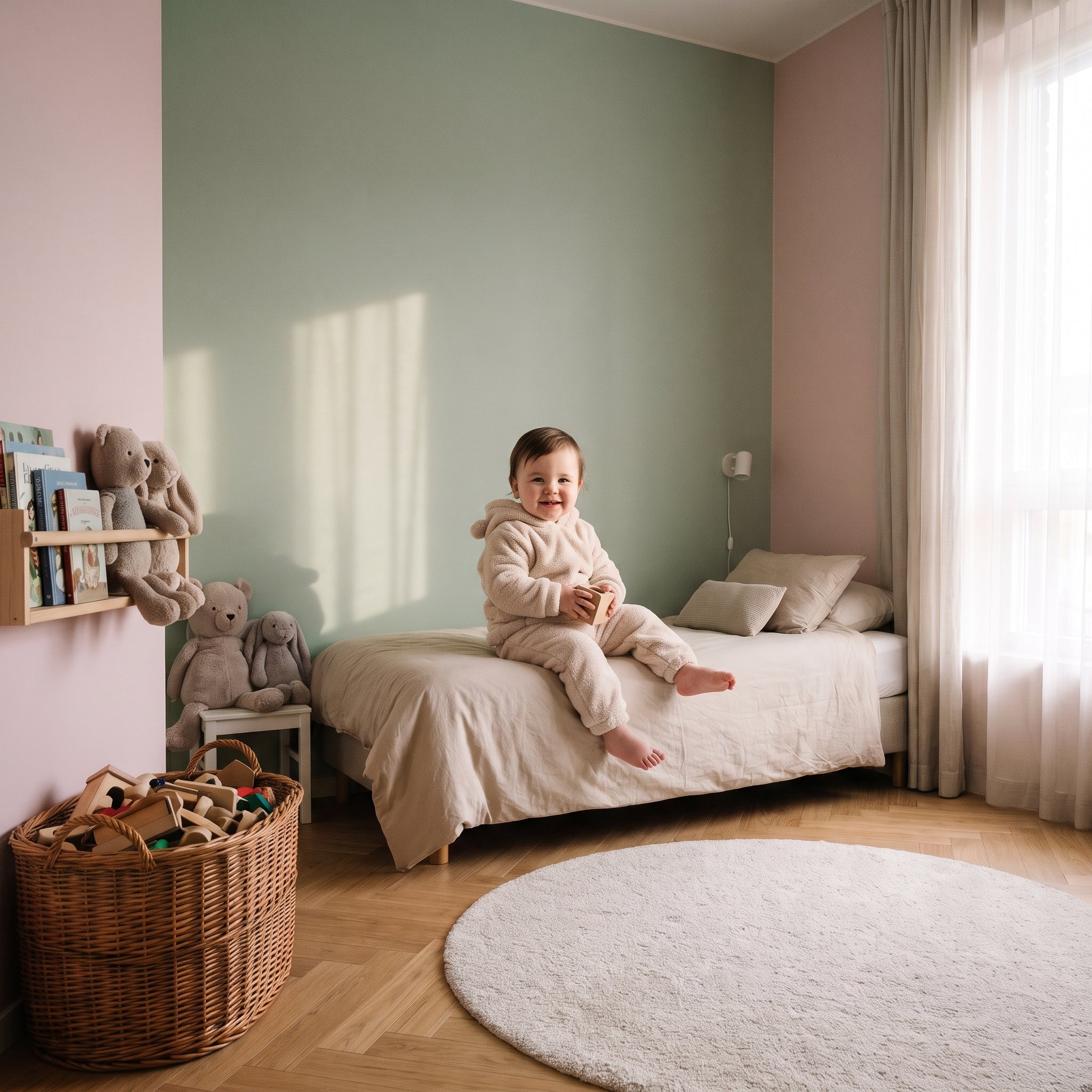 Bébé jouant avec un jouet en bois en portant l'ensemble pyjama peluche beige Image