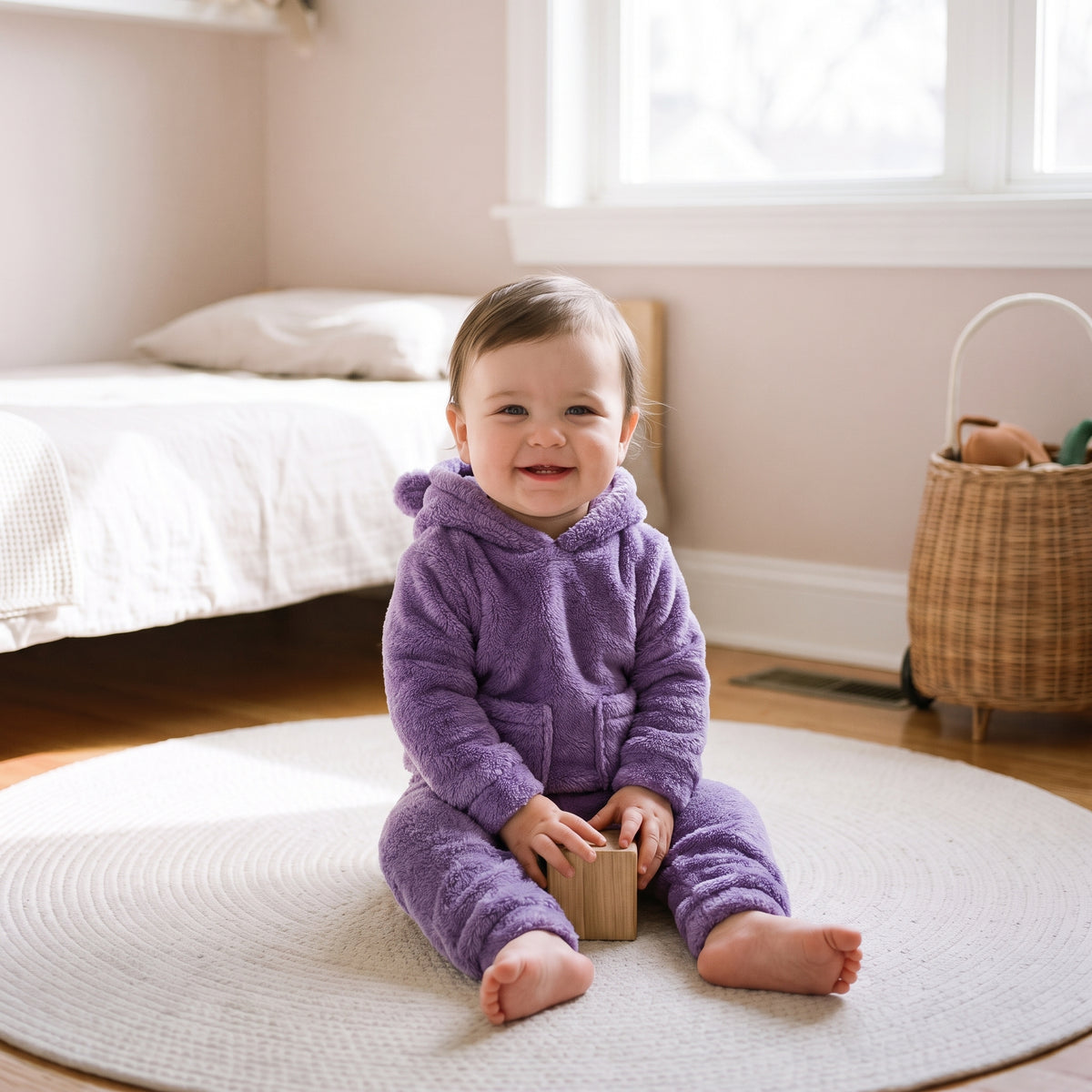 Bébé assis portant l'ensemble pyjama peluche violet avec deux poches plaquées