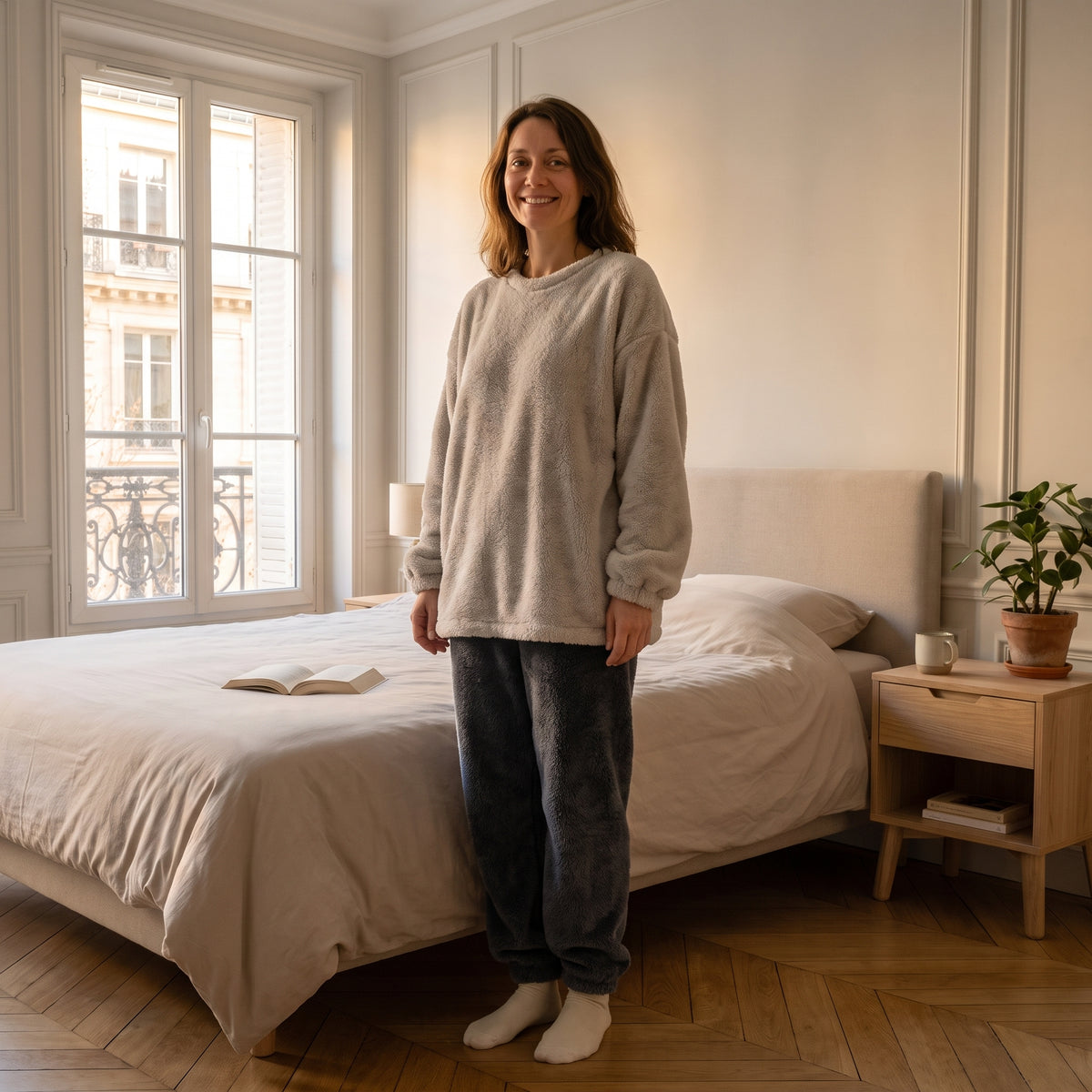 Femme portant le pyjama gris clair et anthracite, coupe ample sous les hanches et fibres longues