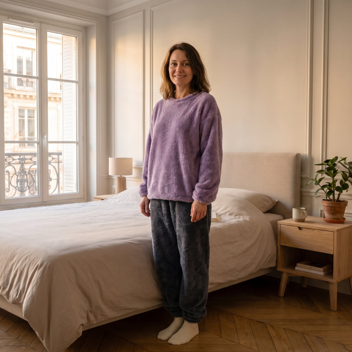 Femme portant le pyjama lilas et anthracite, coupe ample sous les hanches et fibres longues