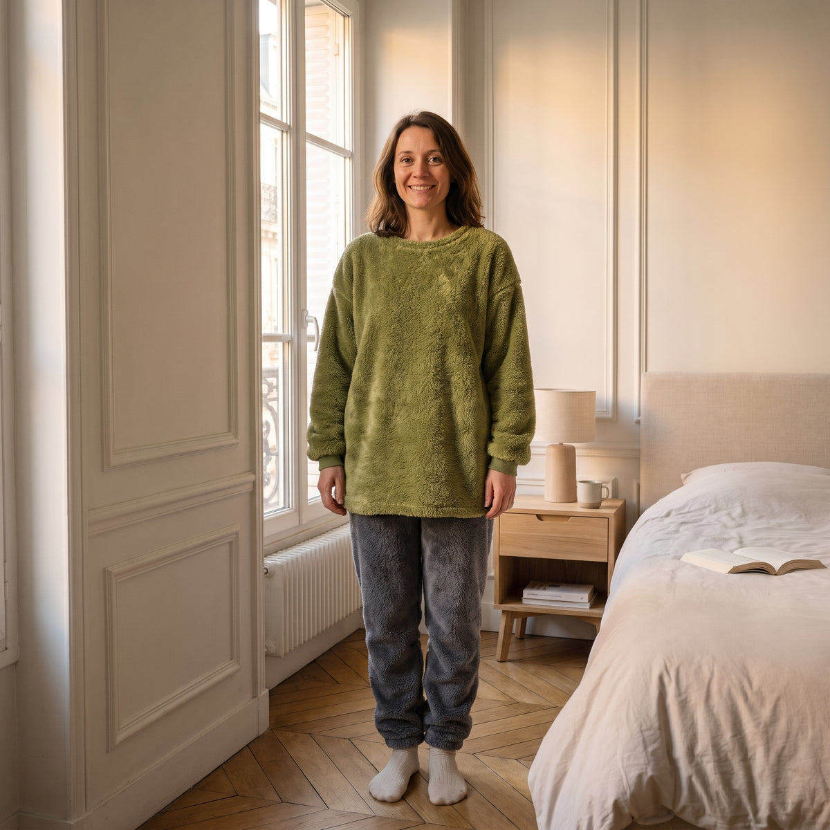 Femme portant le pyjama vert olive et anthracite, coupe ample sous les hanches et fibres longues