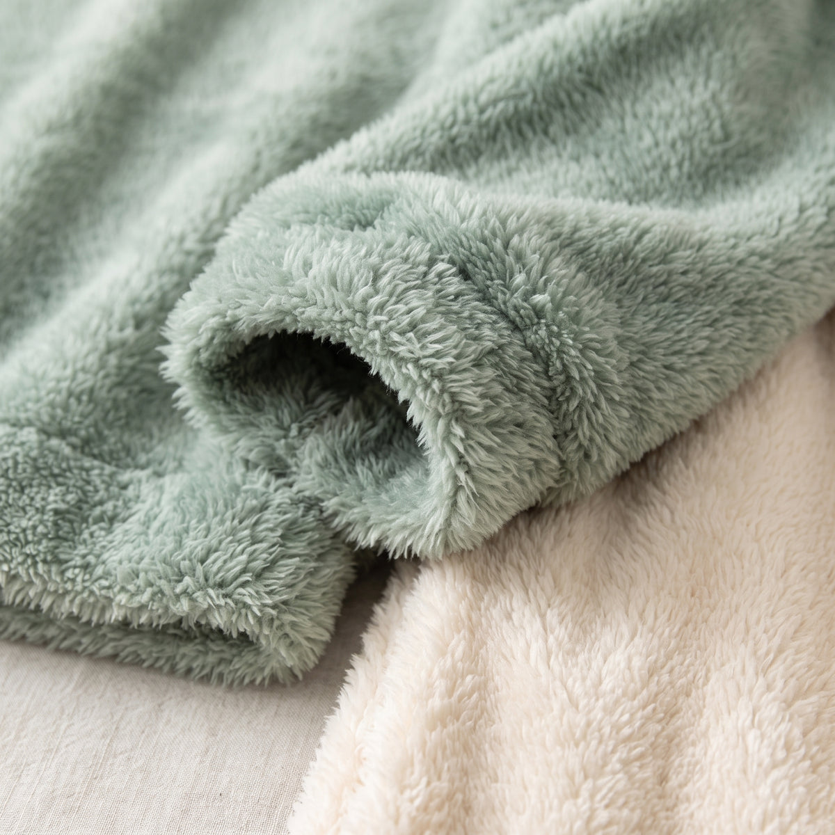 Détail des fibres longues du pyjama vert sauge et écru