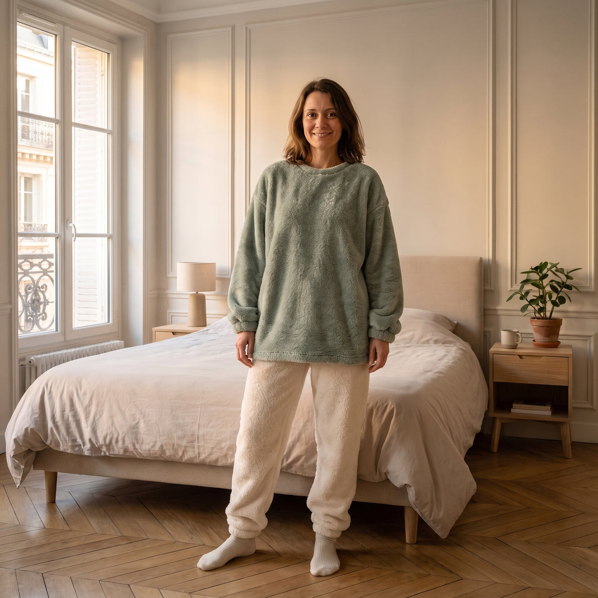 Femme portant le pyjama vert sauge et écru, coupe ample sous les hanches et fibres longues