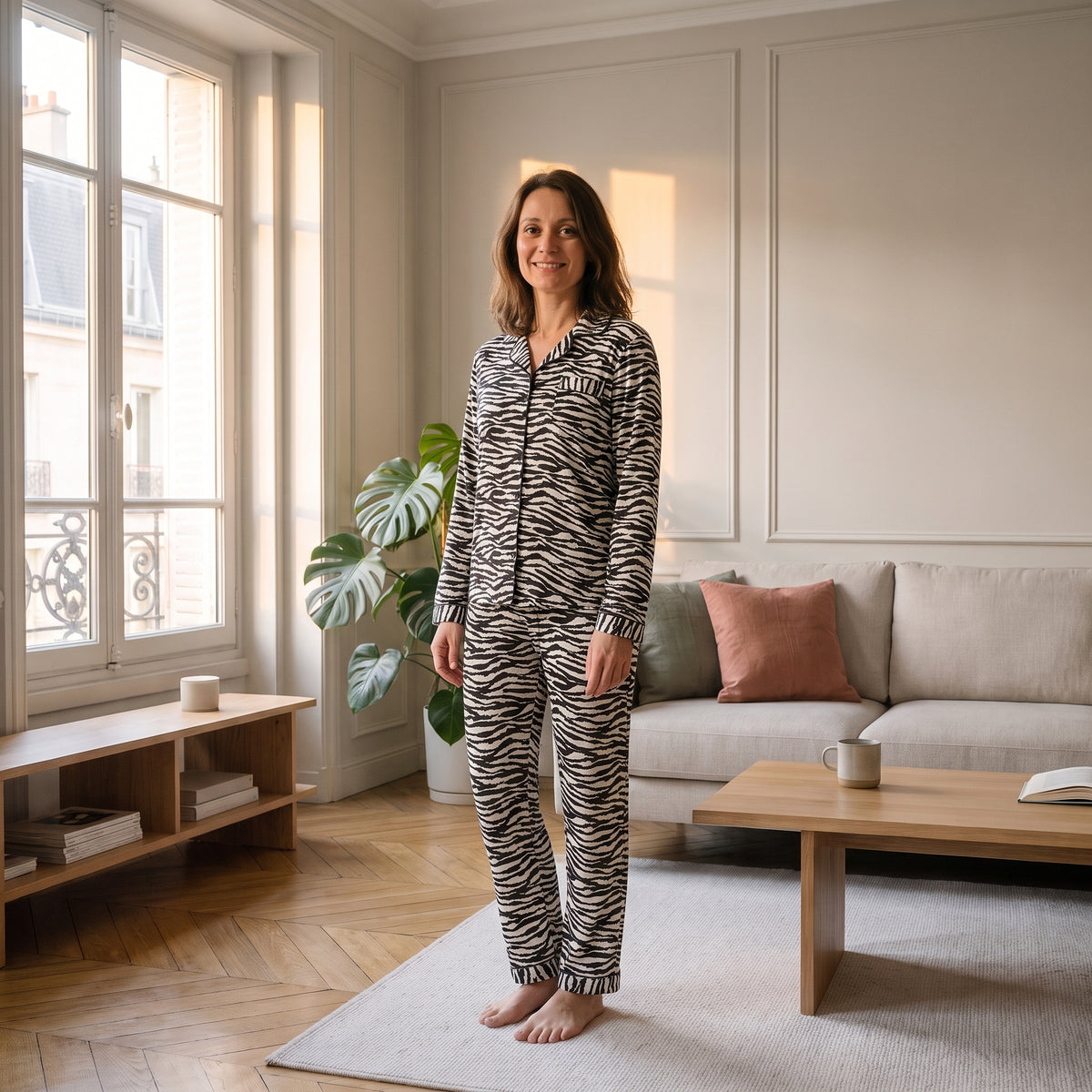 Femme portant le pyjama satiné noir et blanc à motif zèbre dans un salon Image
