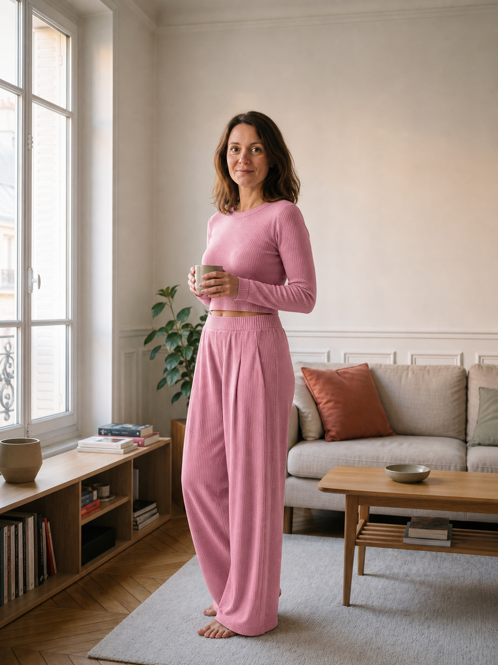 Femme portant l'ensemble rose à pantalon large près de la fenêtre