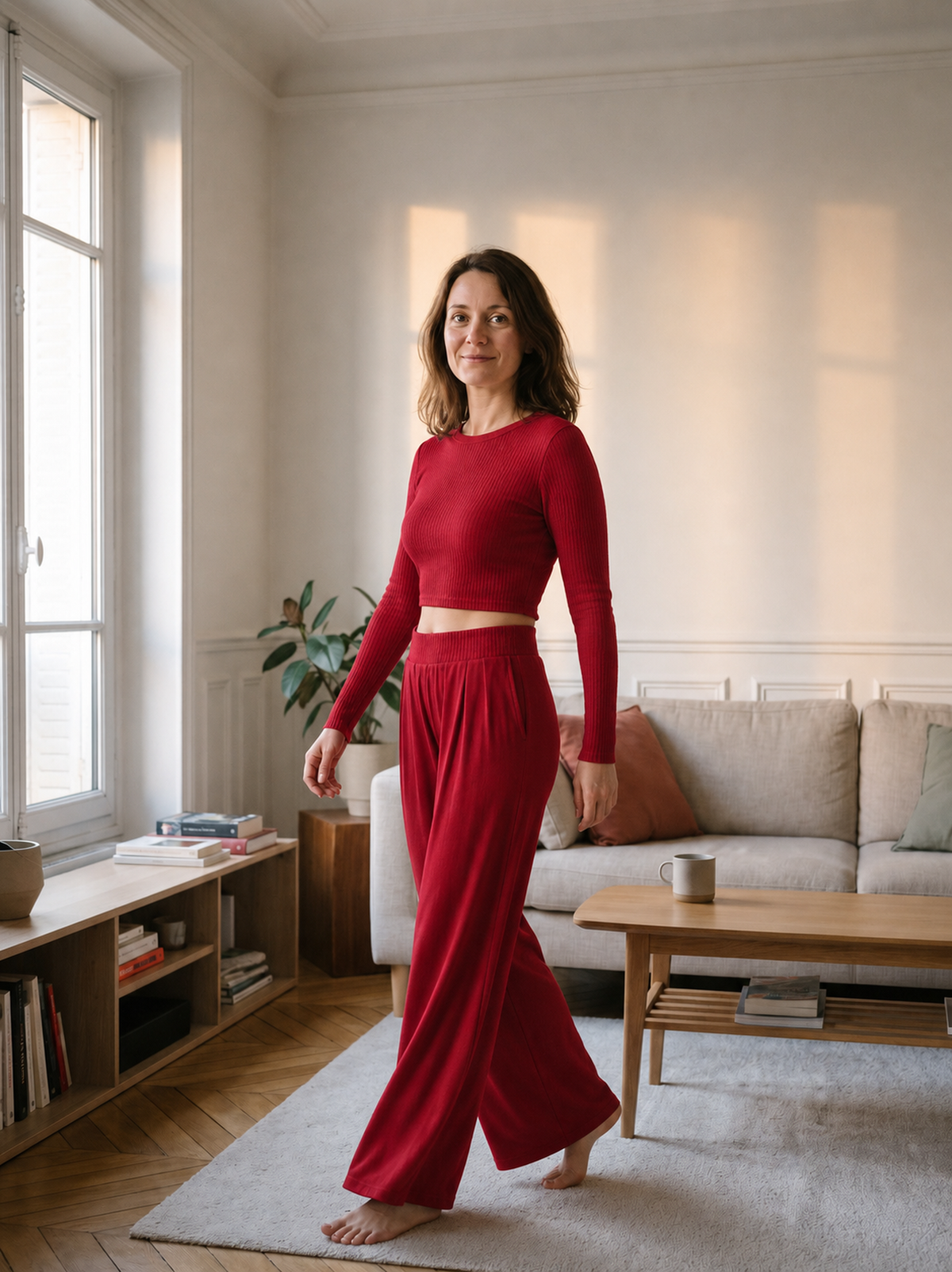 Femme portant l'ensemble rouge à pantalon large dans le salon