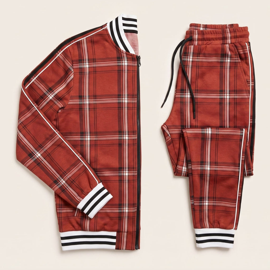Ensemble survêtement à carreaux pour homme, coloris rouge brique