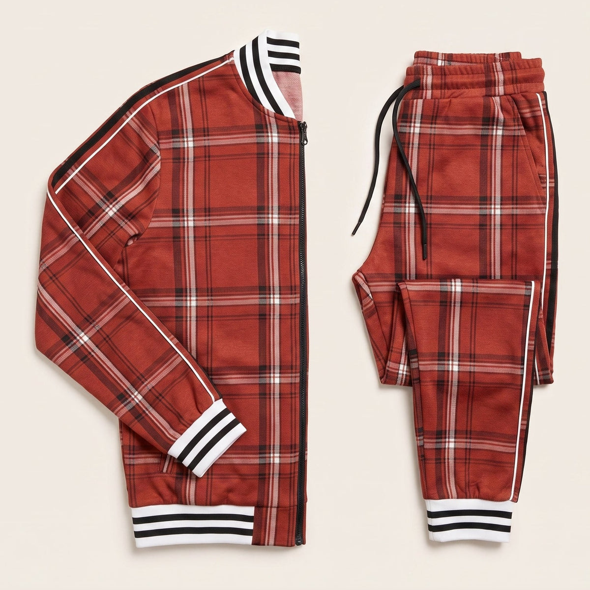 Ensemble survêtement à carreaux pour homme, coloris rouge brique