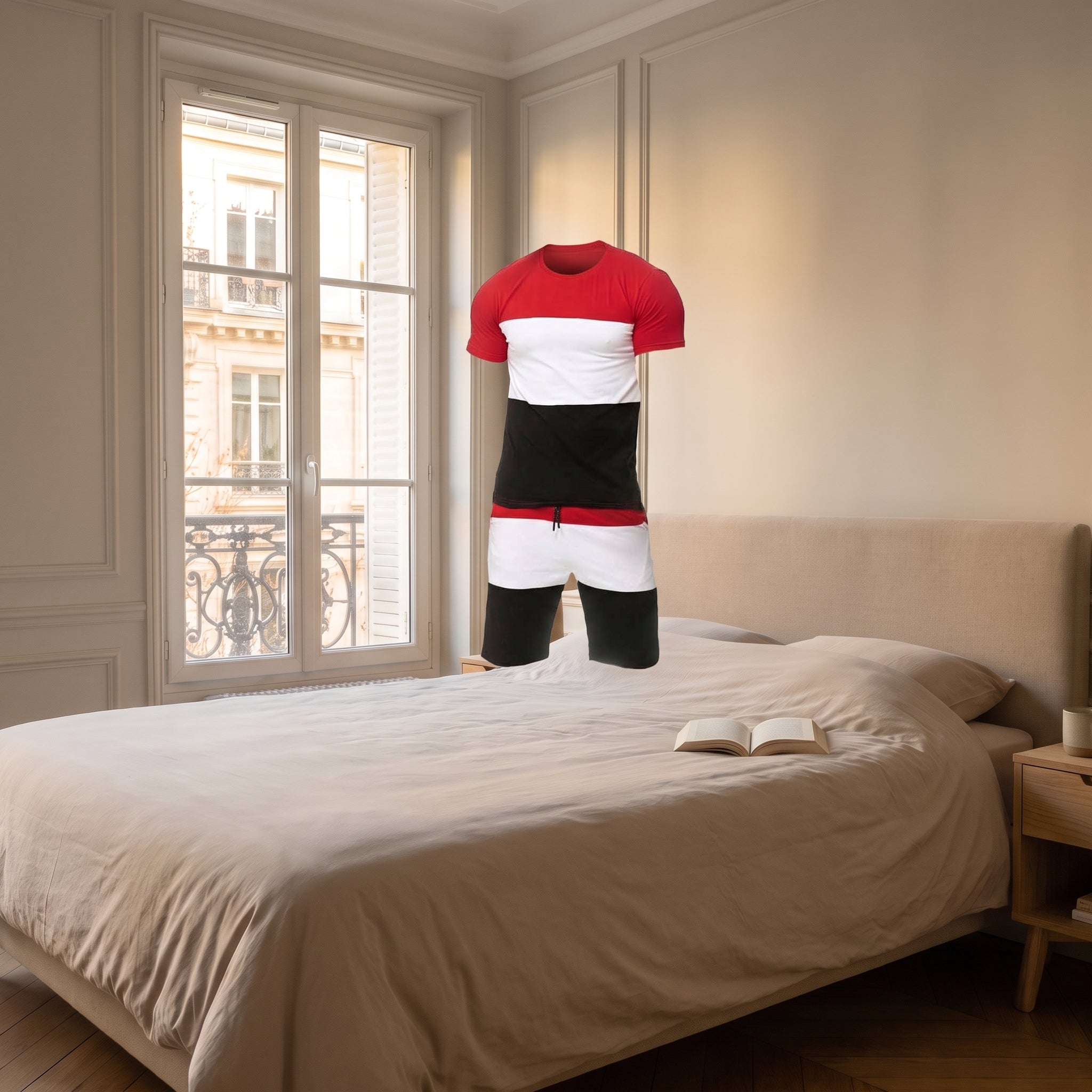 Tee-shirt et short color block rouge présentés sans mannequin Image