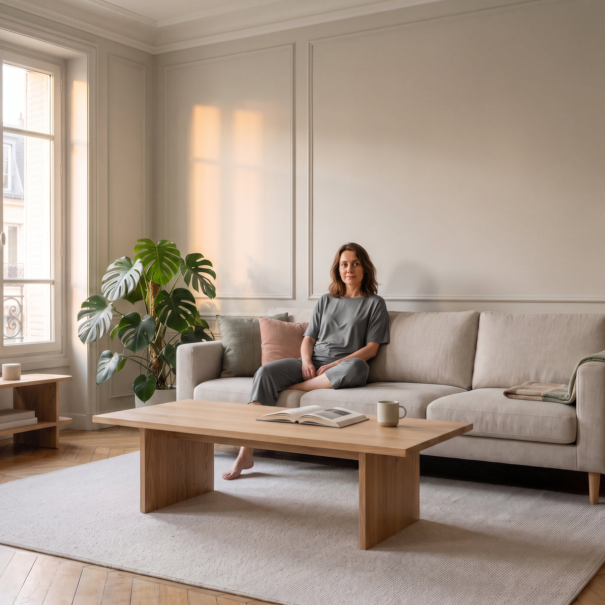 Ensemble d'intérieur en viscose gris porté par une femme assise dans un salon Image