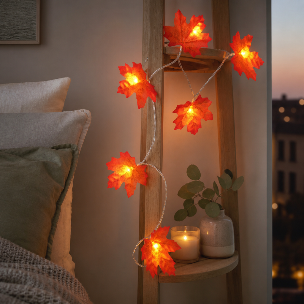 Guirlande lumineuse à feuilles d'érable orangées près d'une tête de lit