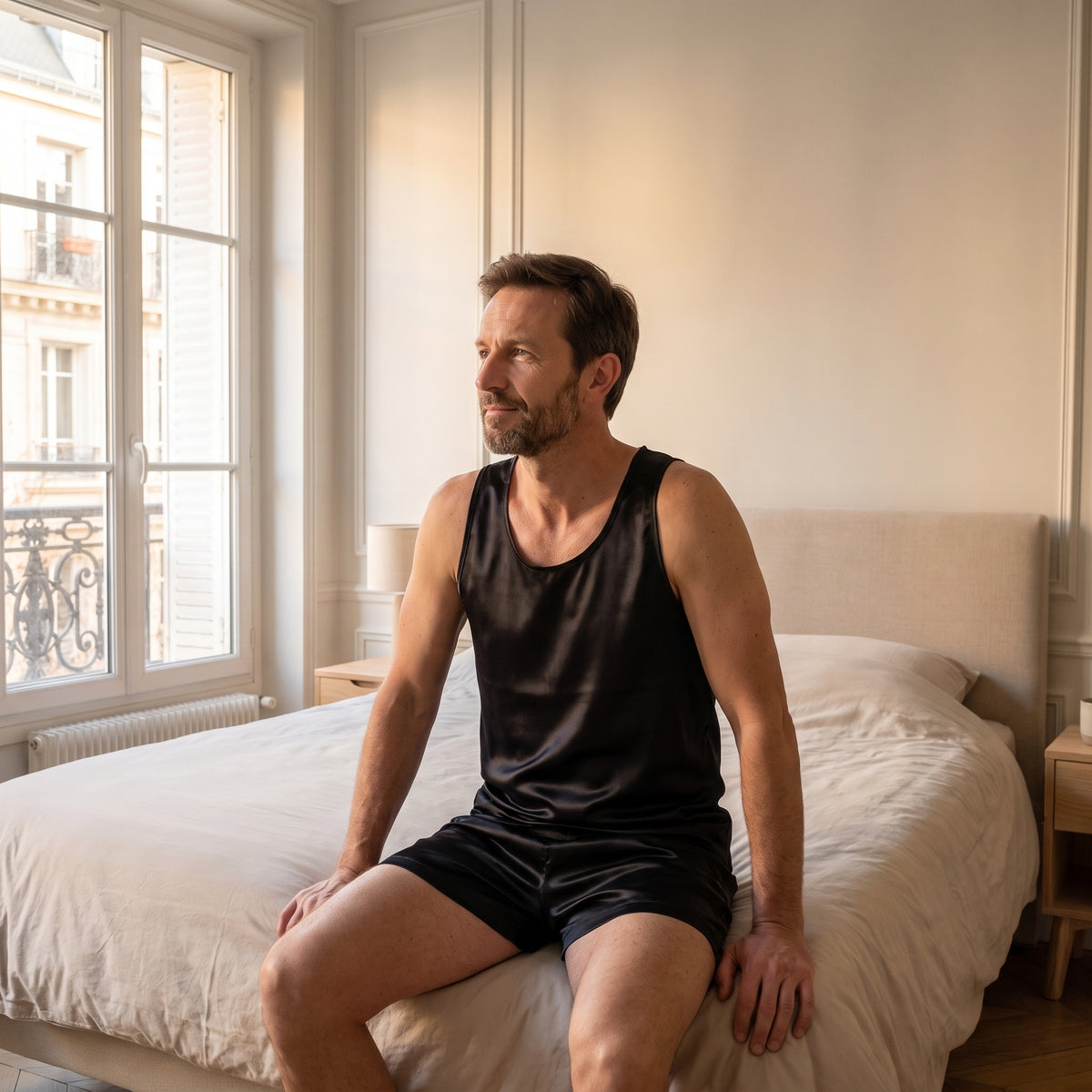 Homme assis au bord du lit en pyjama d'été noir, fenêtre ouverte sur la fin de journée Image