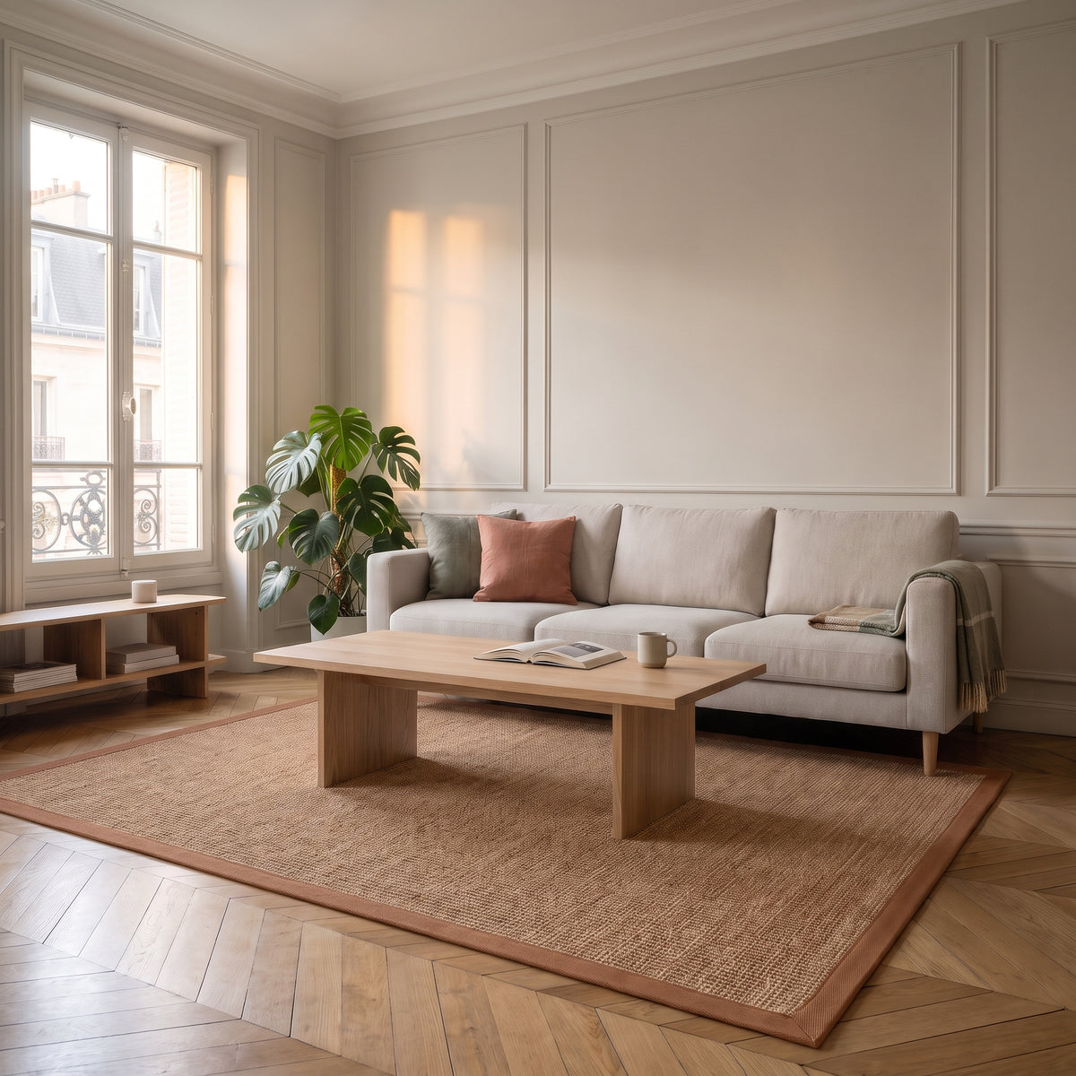 Tapis terracotta chiné mis en situation dans le salon Moment Cocooning