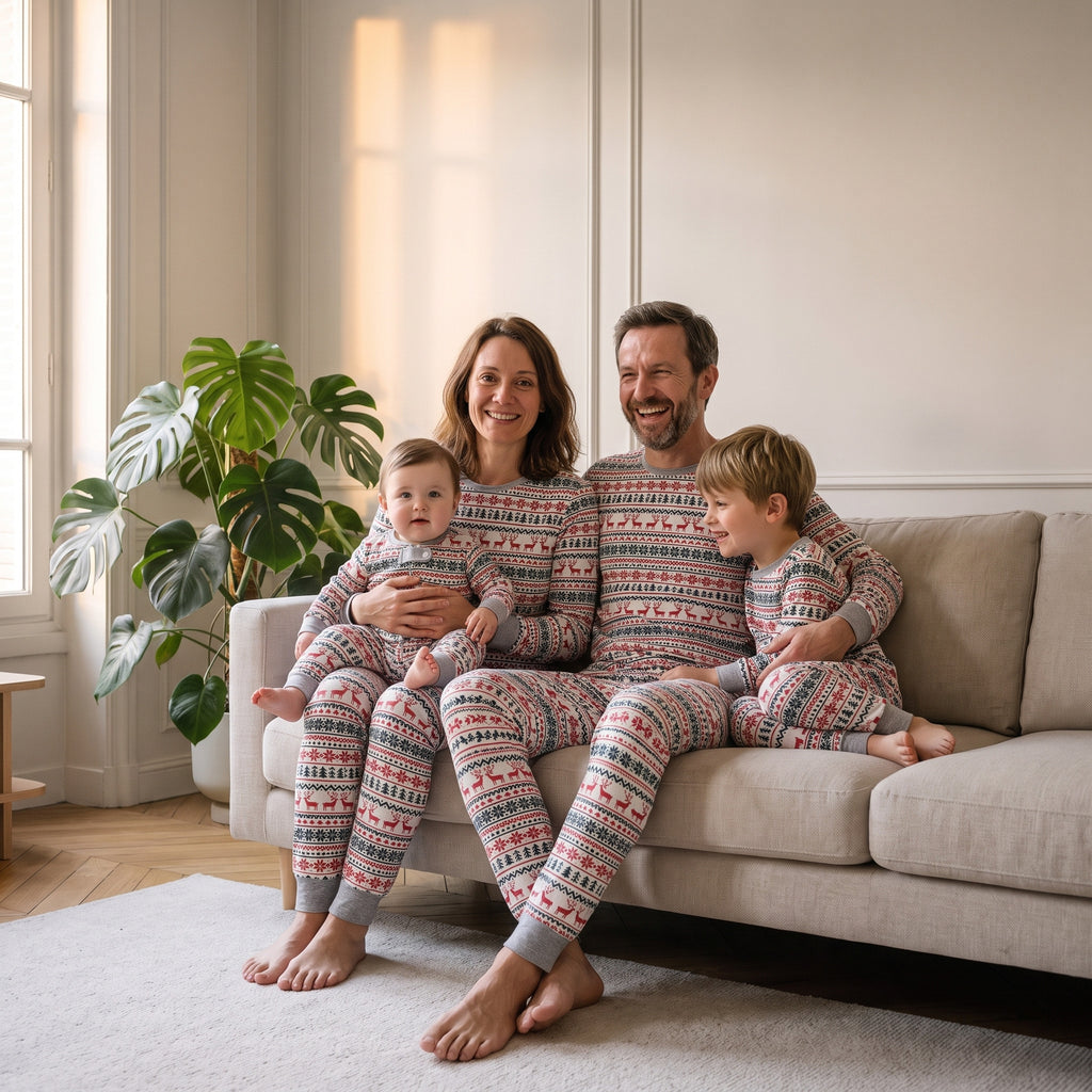 Famille réunie sur le canapé en pyjamas de Noël blancs à motif nordique assortis