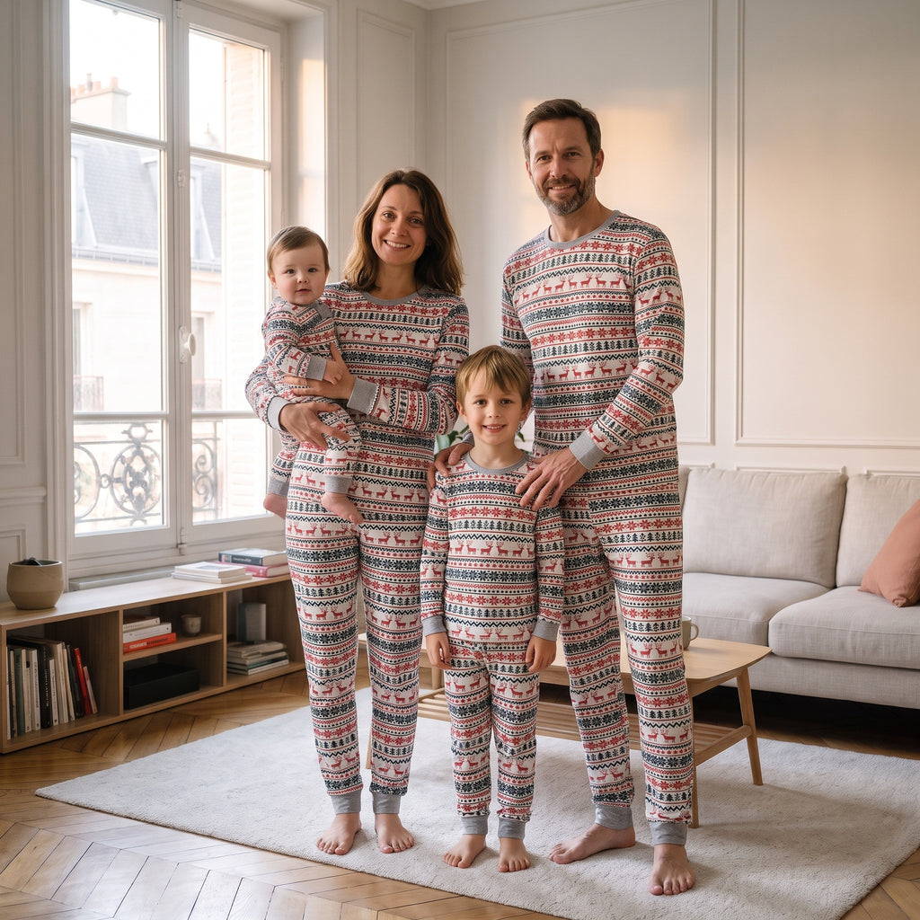Famille debout près de la fenêtre en pyjamas de Noël blancs à motif nordique assortis