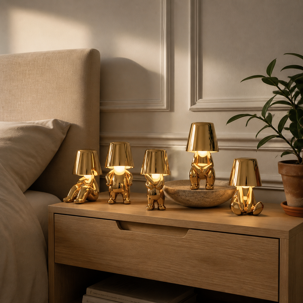 Les cinq lampes figurines dorées allumées sur une table de chevet