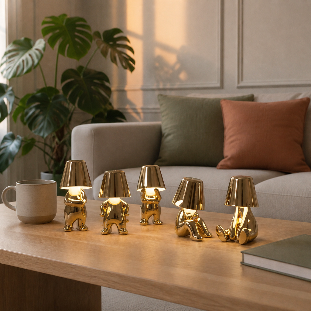 Les cinq lampes figurines dorées près d'une tasse pour montrer leur échelle