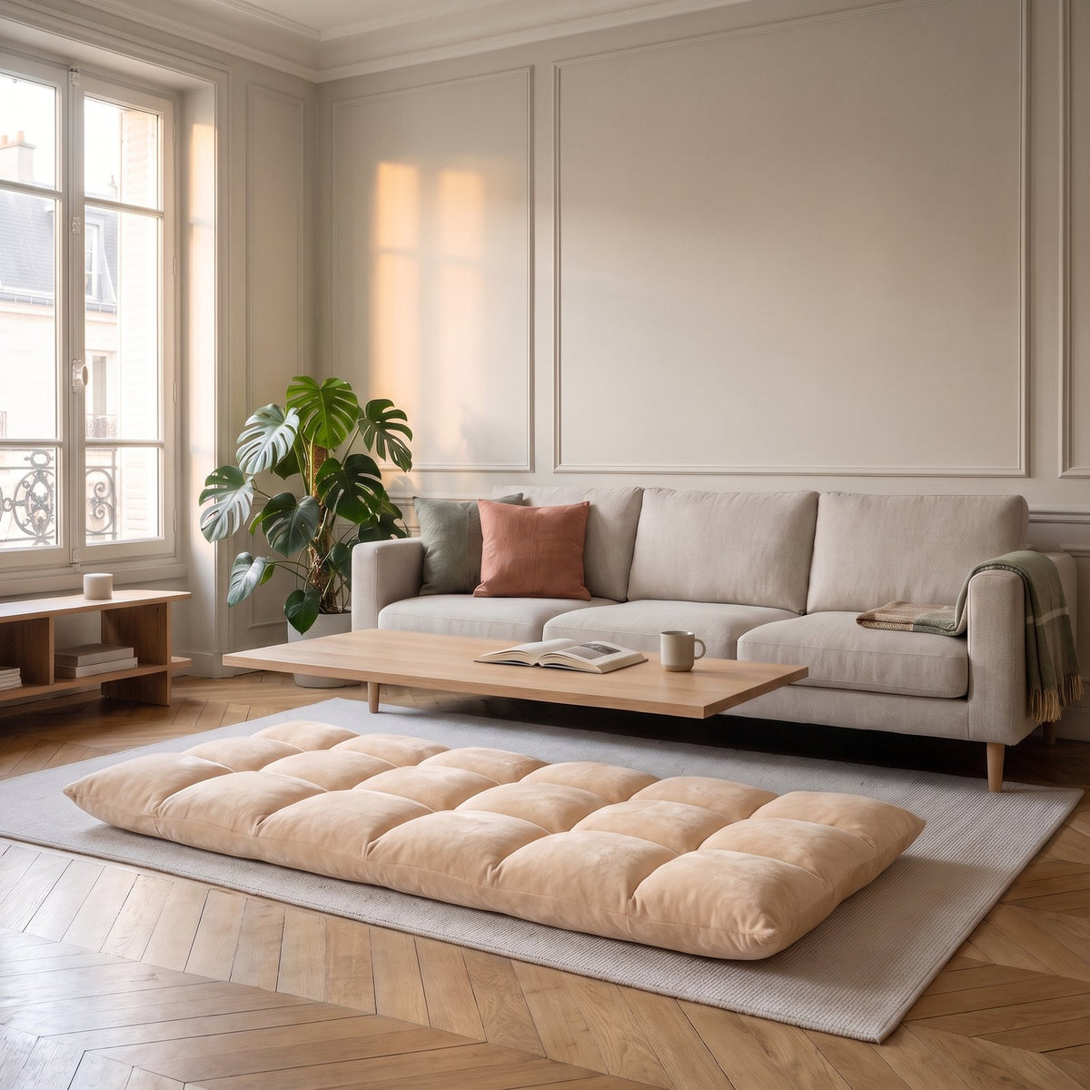 Fauteuil de sol beige déplié à plat sur le tapis d'un salon Image
