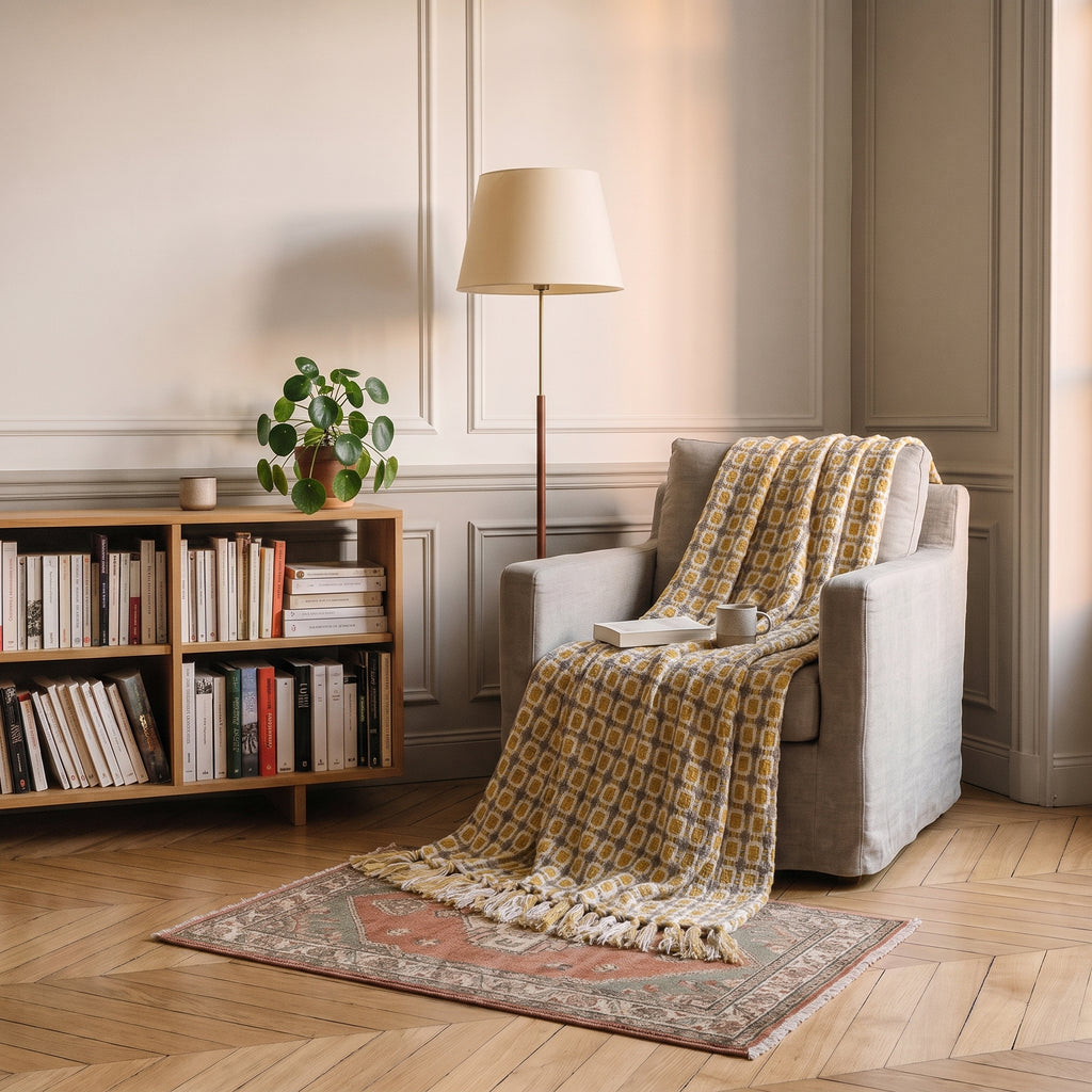 Plaid tricoté à losanges moutarde posé sur un fauteuil de lecture