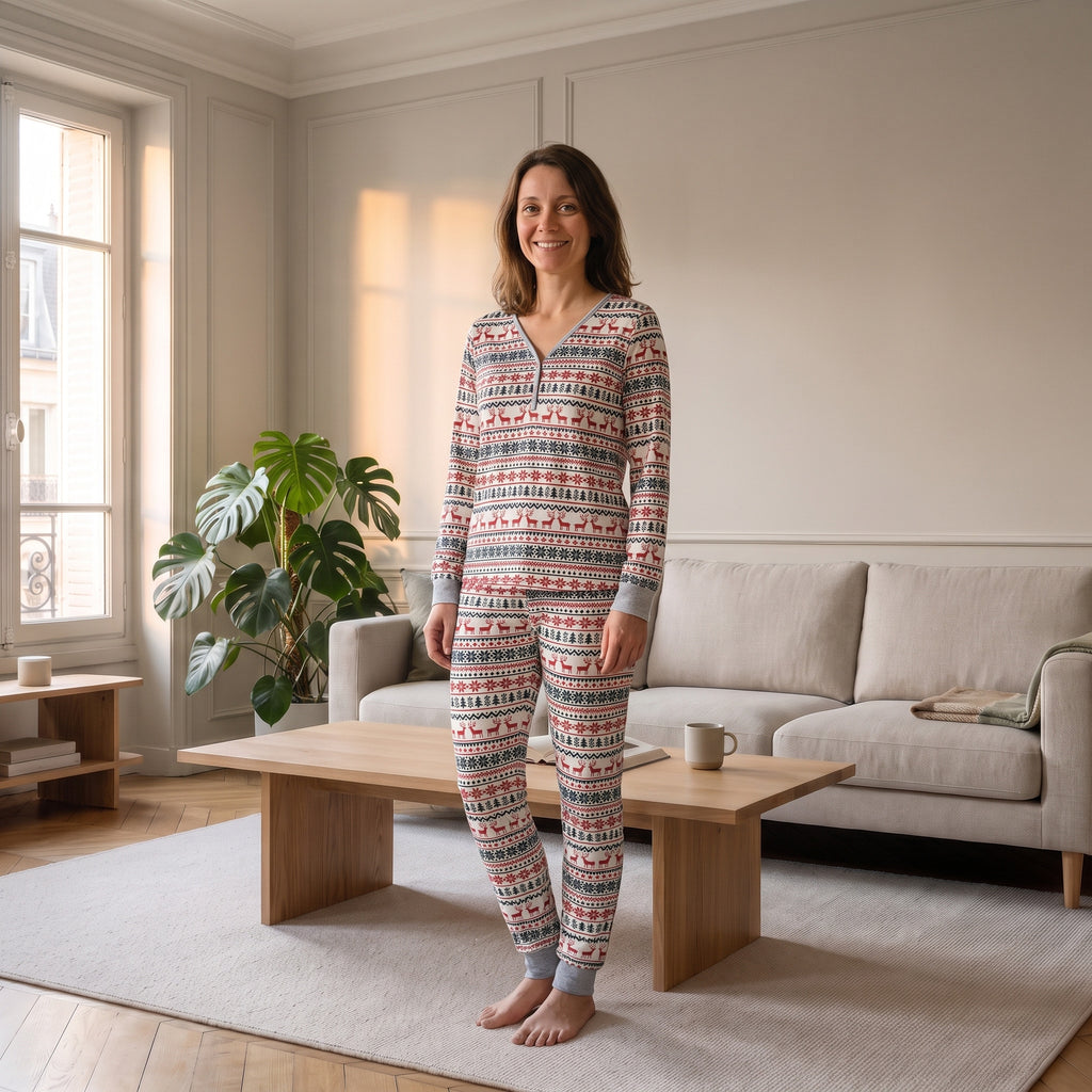 Pyjama de Noël blanc à motif nordique porté par une femme, modèle femme