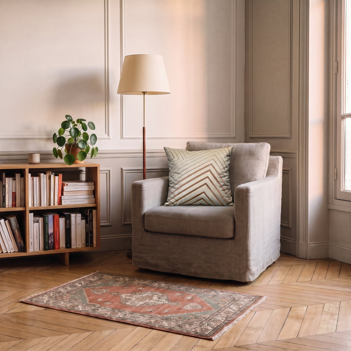Housse de coussin beige carrée à lignes dorées dans un fauteuil de lecture