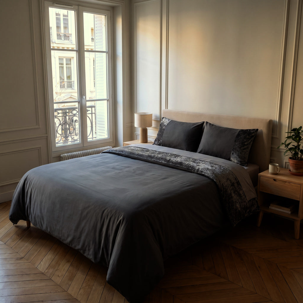 Parure de lit bi-matière gris foncé, housse unie et bande de velours frappé, sur un lit fait