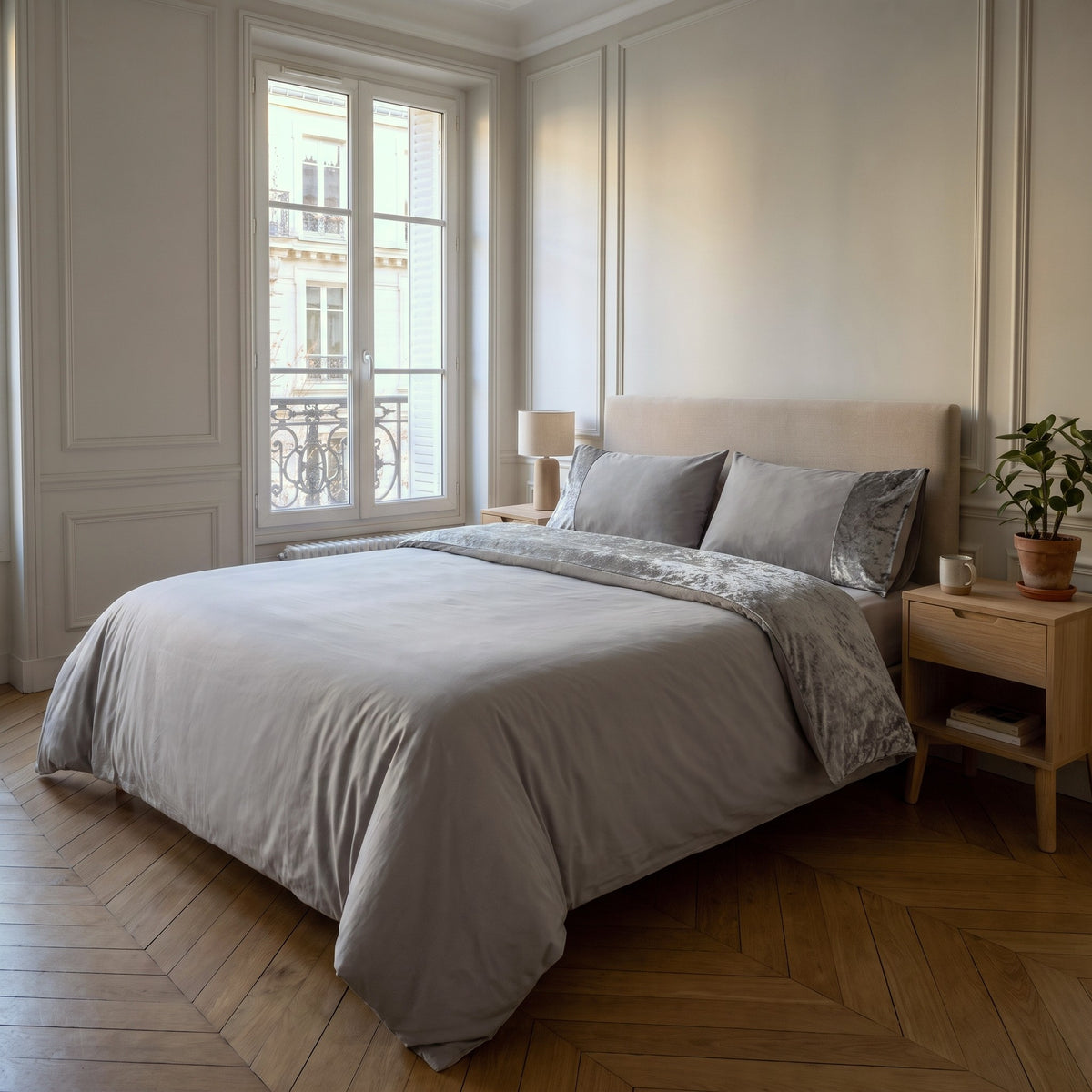 Parure de lit bi-matière grise, housse unie et bande de velours frappé, sur un lit fait