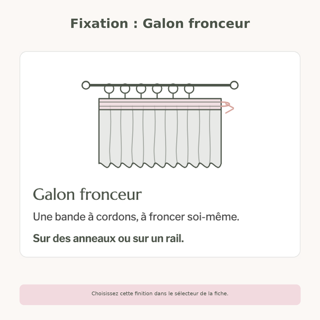 Fixation à galon fronceur proposée pour le rideau gris jacquard