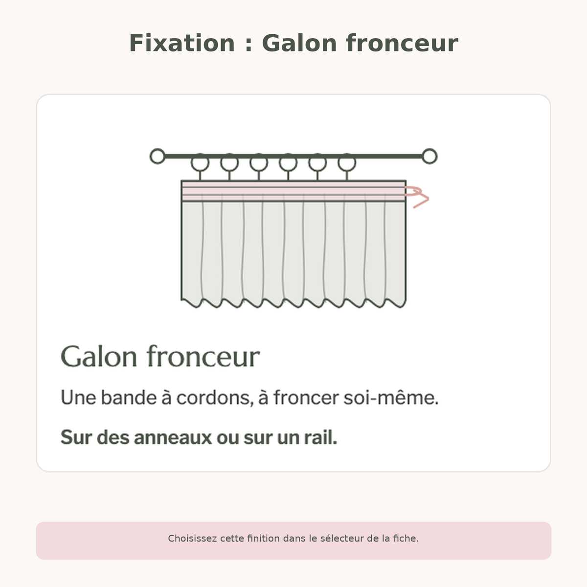 Fixation à galon fronceur proposée pour le rideau gris jacquard