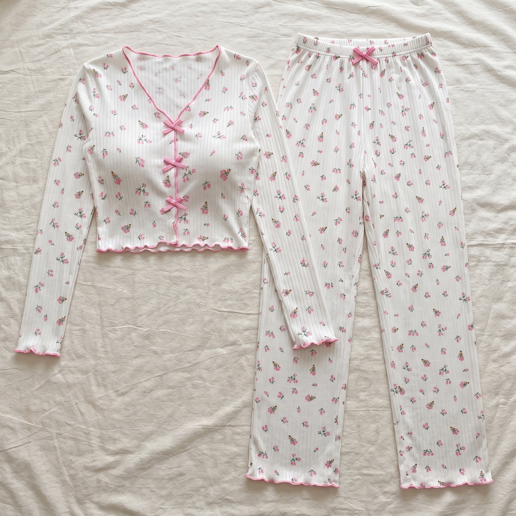 Haut à trois liens et pantalon à lien noué du pyjama floral blanc présentés à plat.