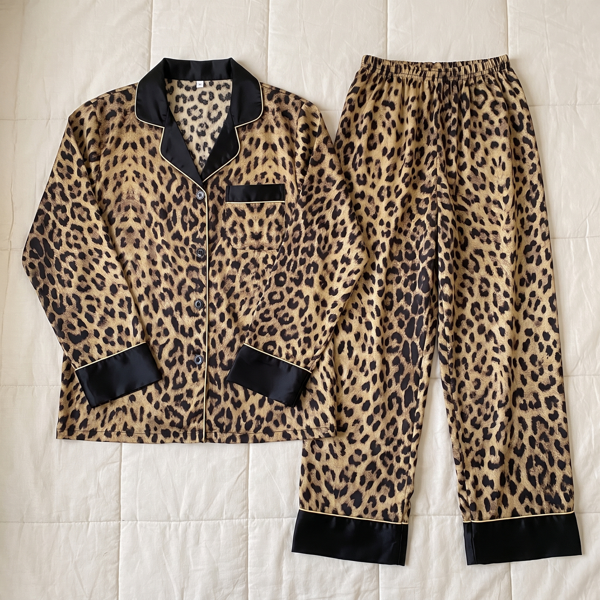Chemise et pantalon du pyjama en satin léopard posés à plat côte à côte.
