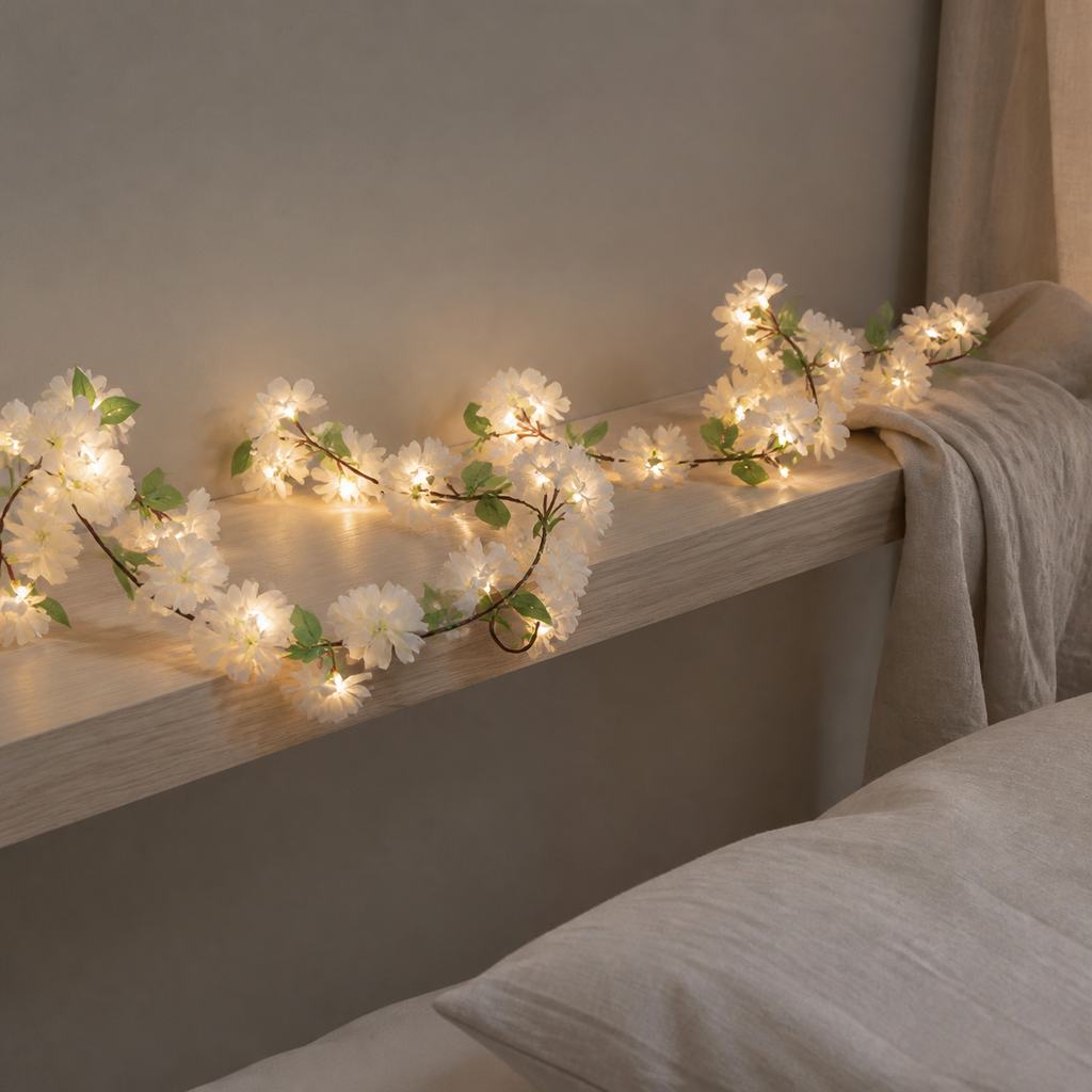 Guirlande lumineuse à fleurs blanches autour d'un meuble de chambre