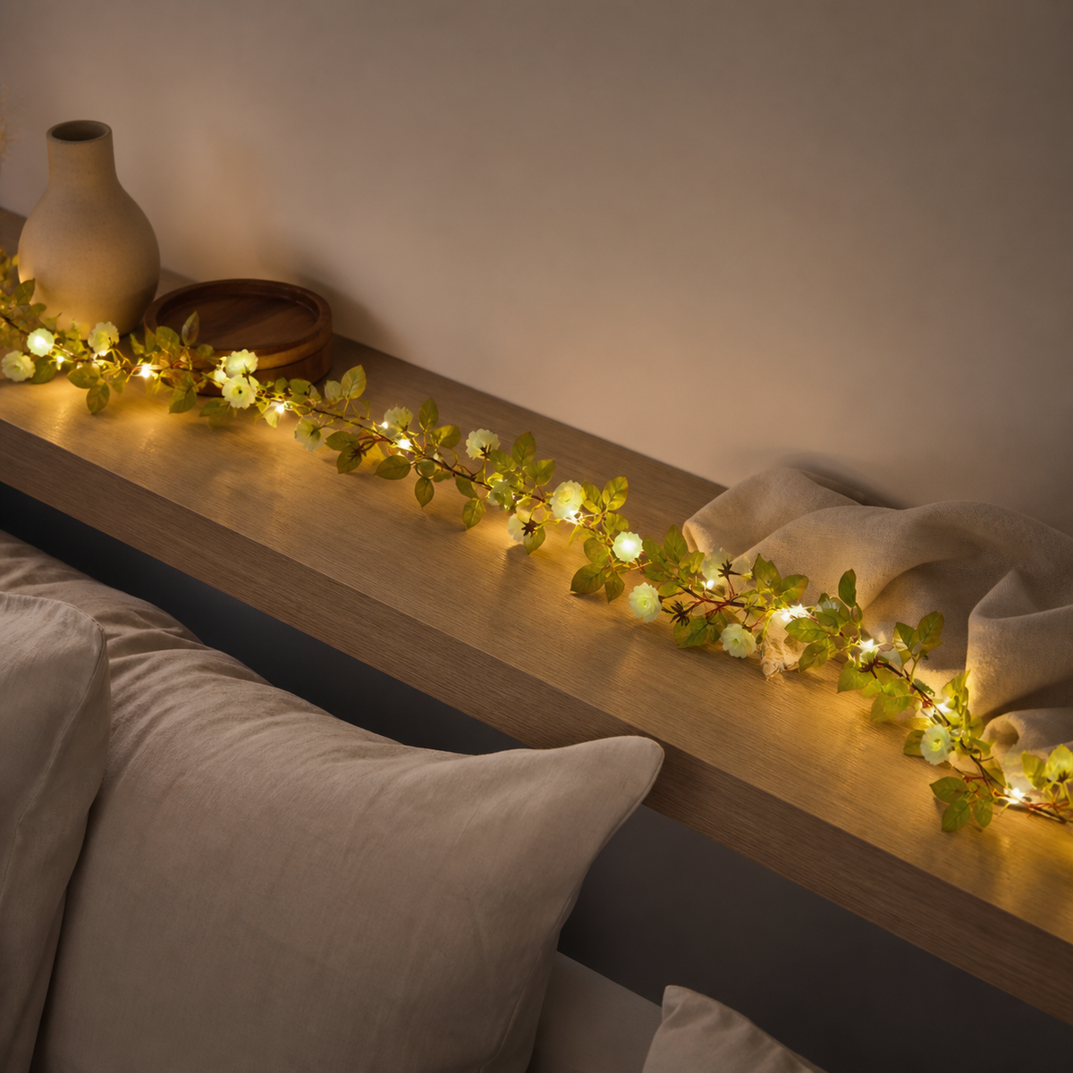 Guirlande lumineuse à feuillage vert dessinant des boucles sur une étagère