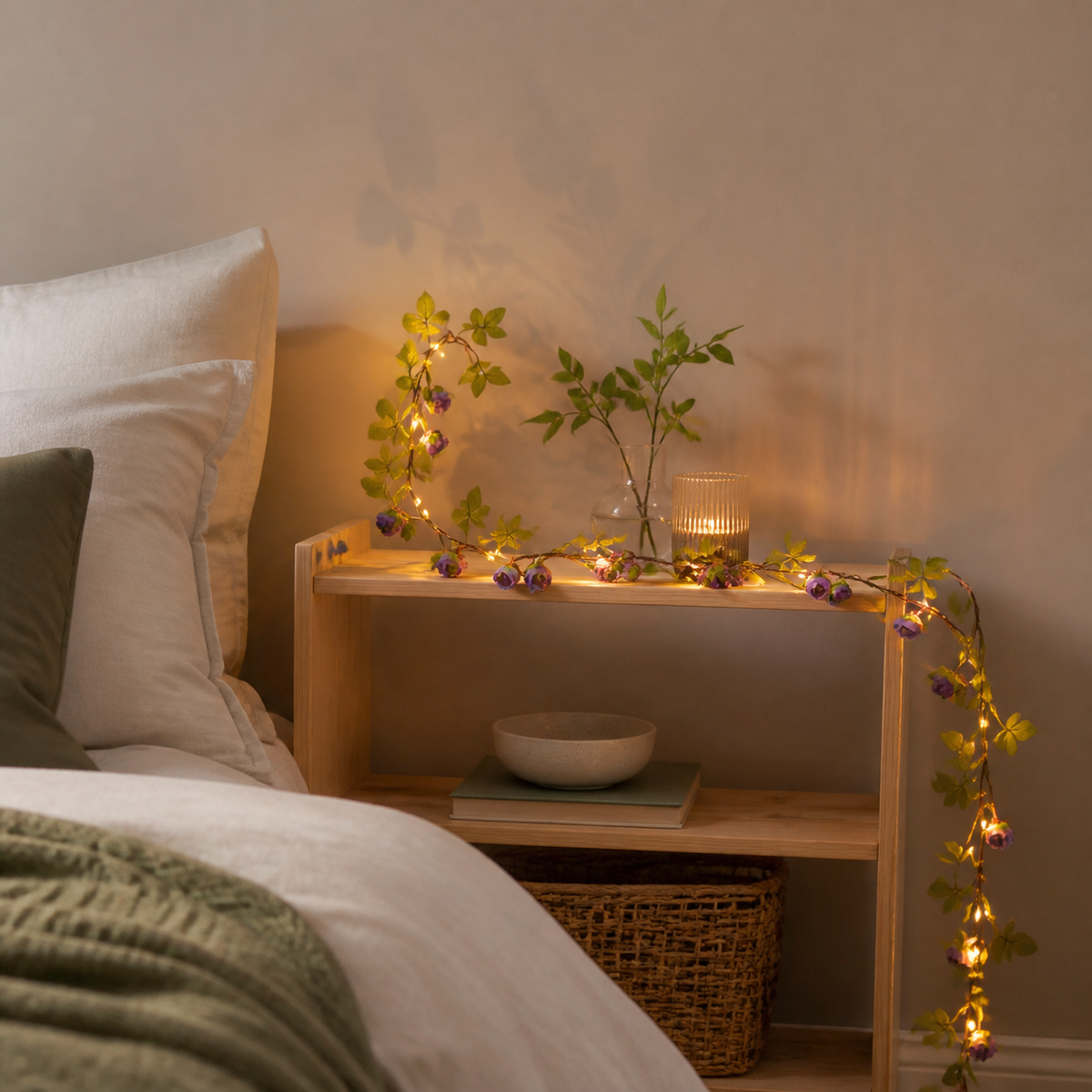 Guirlande lumineuse à petites fleurs violettes sur une étagère de chambre