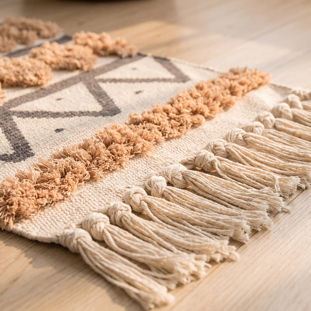 Frange de houppes de coton écru nouées à la main du tapis d'inspiration orientale