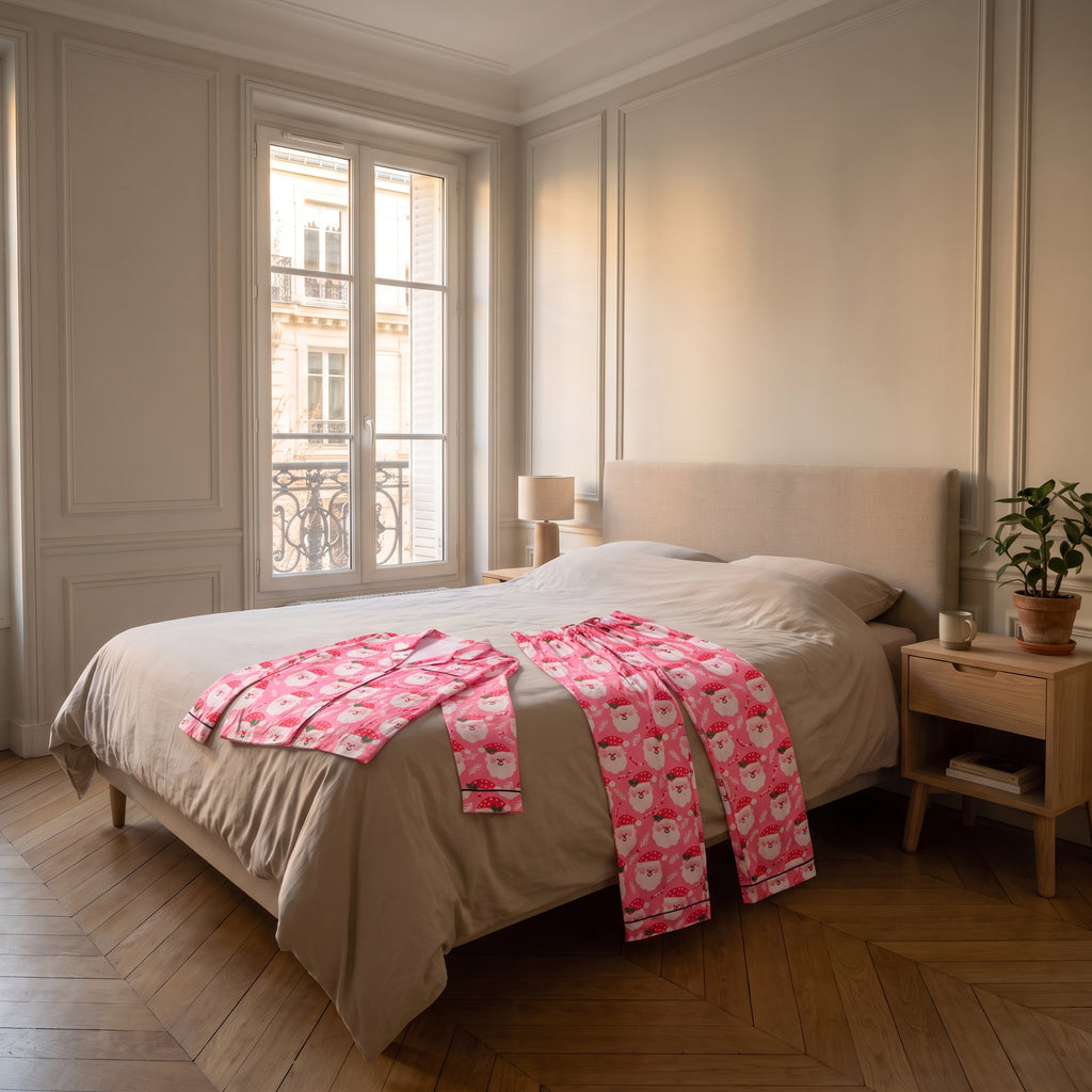 Pyjama de Noël femme fuchsia disposé sur un lit dans une chambre