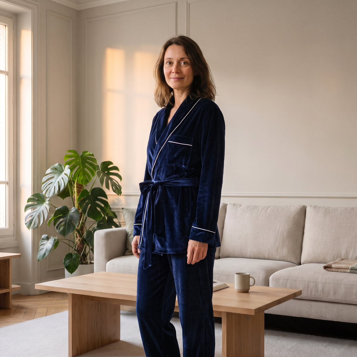 Pyjama en velours bleu marine porté dans un salon