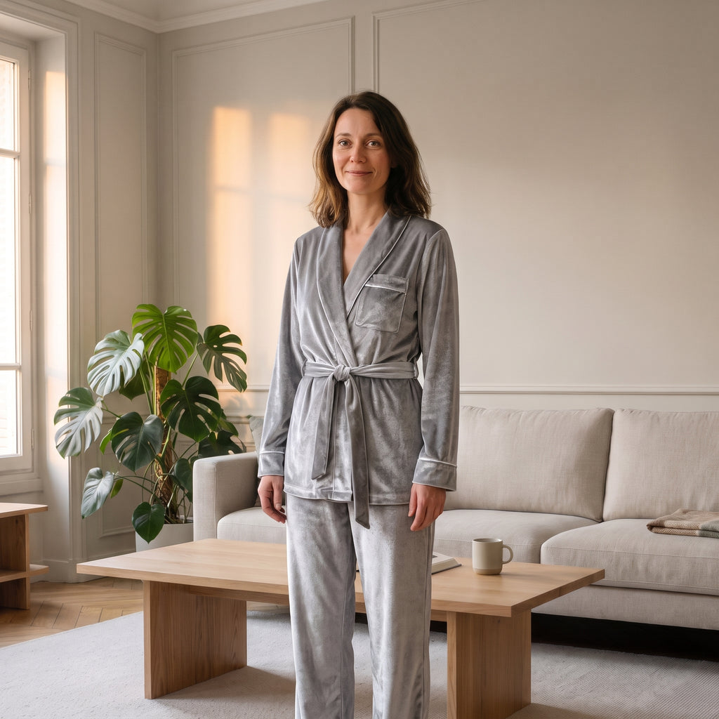 Pyjama en velours gris perle porté dans un salon