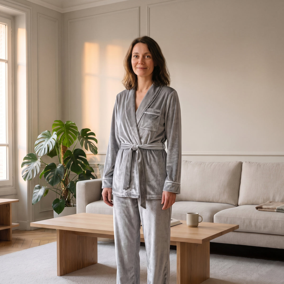 Pyjama en velours gris perle porté dans un salon