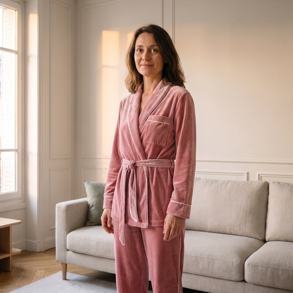 Pyjama en velours rose poudré porté dans un salon