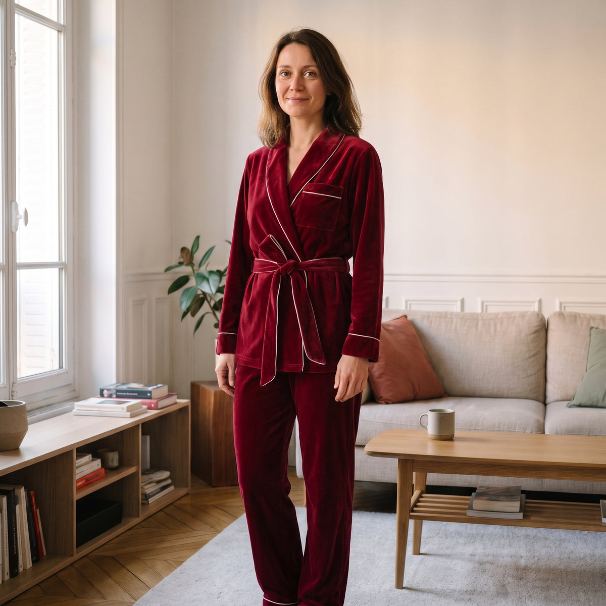 Pyjama en velours bordeaux porté dans un salon